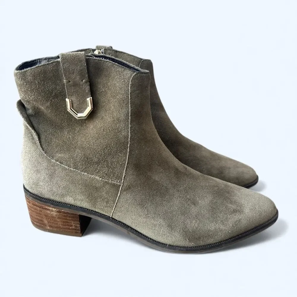 Cole Haan Maci Suede Ankle Boots Olive Green Block Heel Womens 8 Chic Minimalist